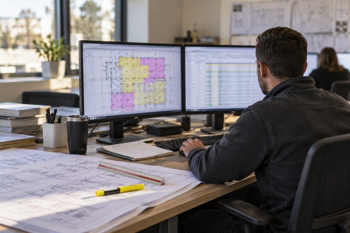Estimator at a desk with a marked-up plan on screen and a printed drawing, scale ruler and highlighter in front