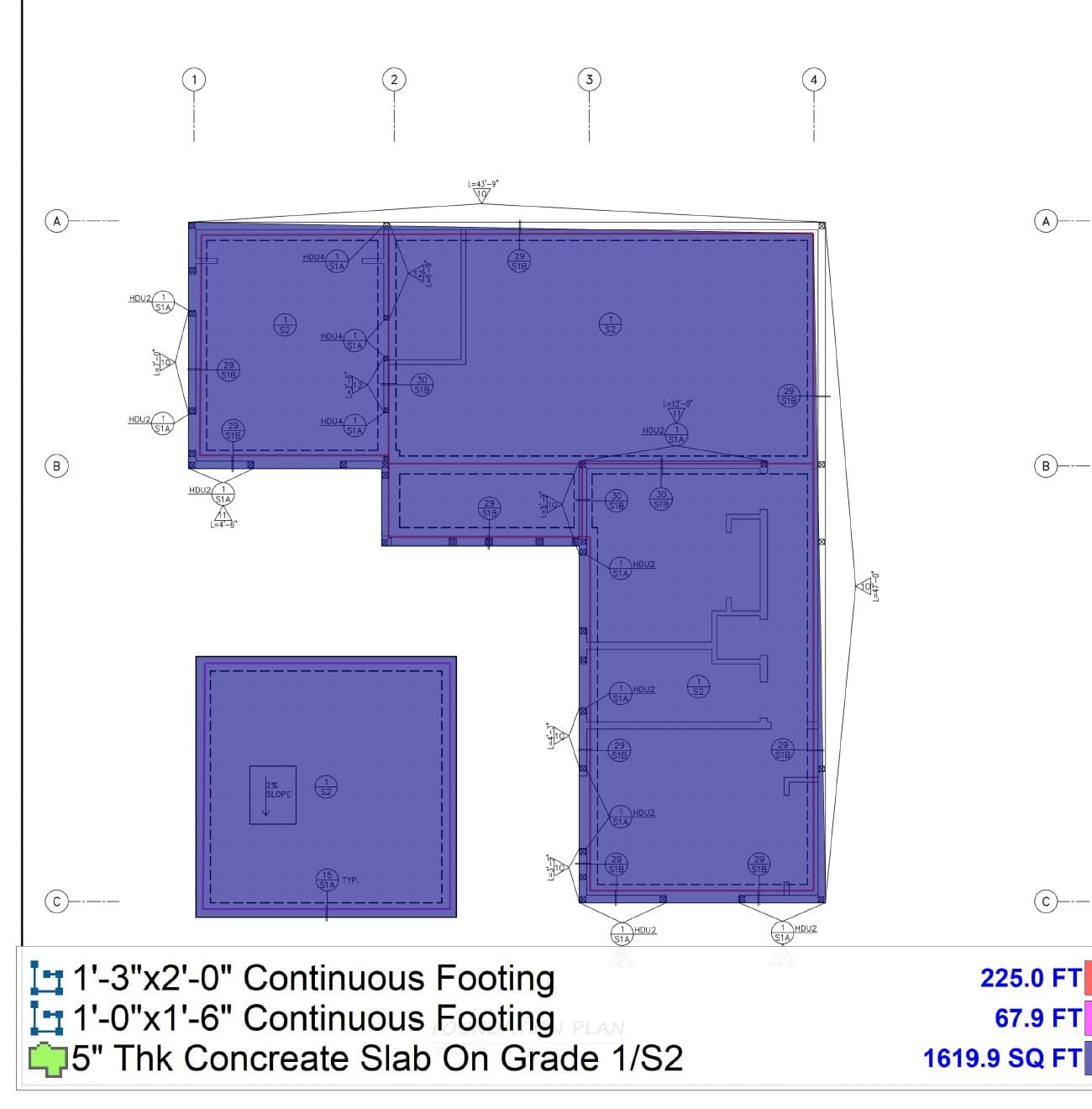 Foundation plan with slab shaded blue and continuous footings traced