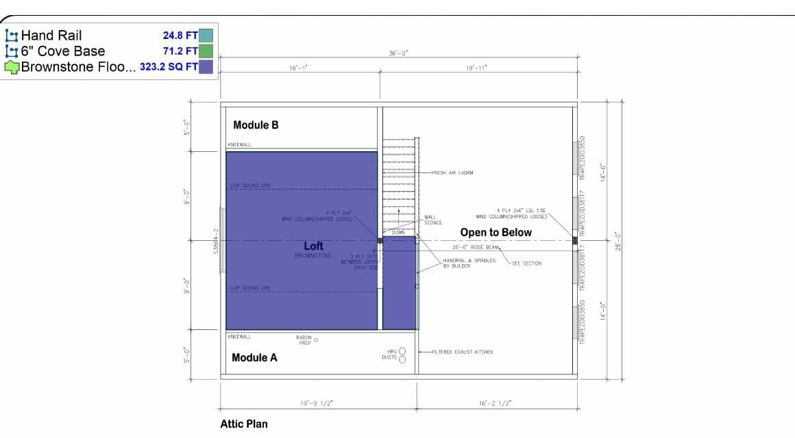 Attic plan with loft flooring shaded and handrail and cove base traced