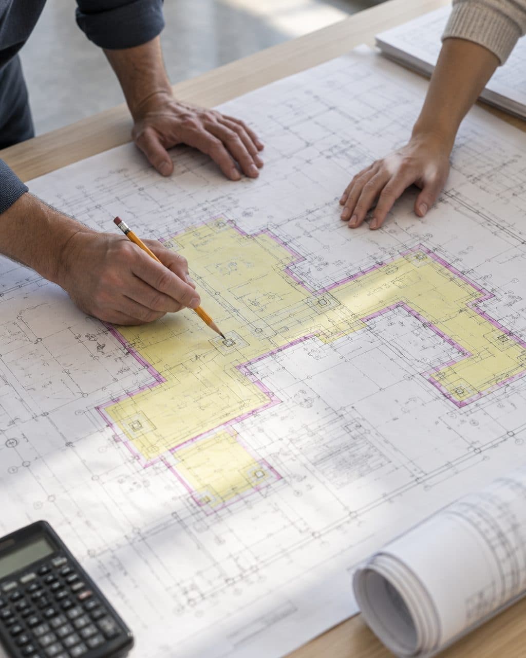 Two estimators reviewing a marked-up drawing together