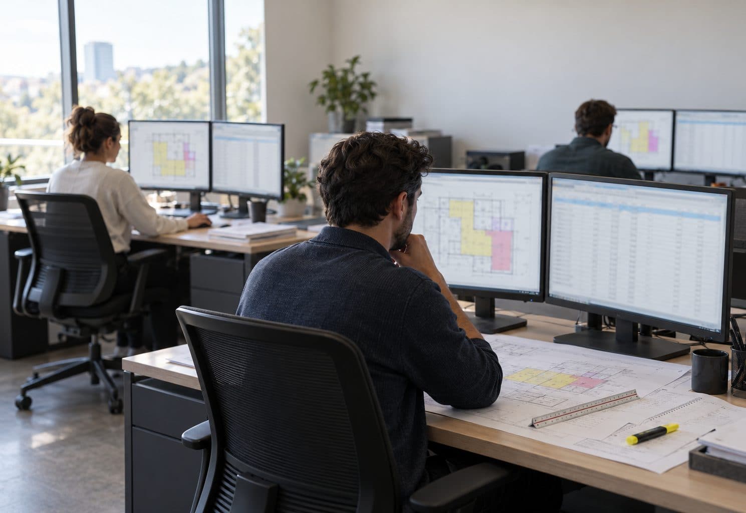 Estimators at their desks with drawings on screen